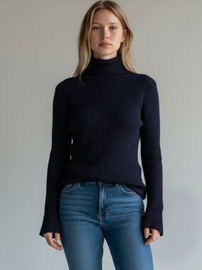 Moth Anthropologie Women's Navy Ribbed Turtleneck Sweater with bell sleeves